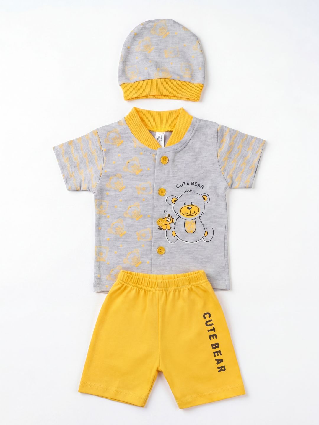 "Cute Bear" 3-Piece Baby Boy Summer Set (Shirt, Shorts & Cap) - Grey/Yellow