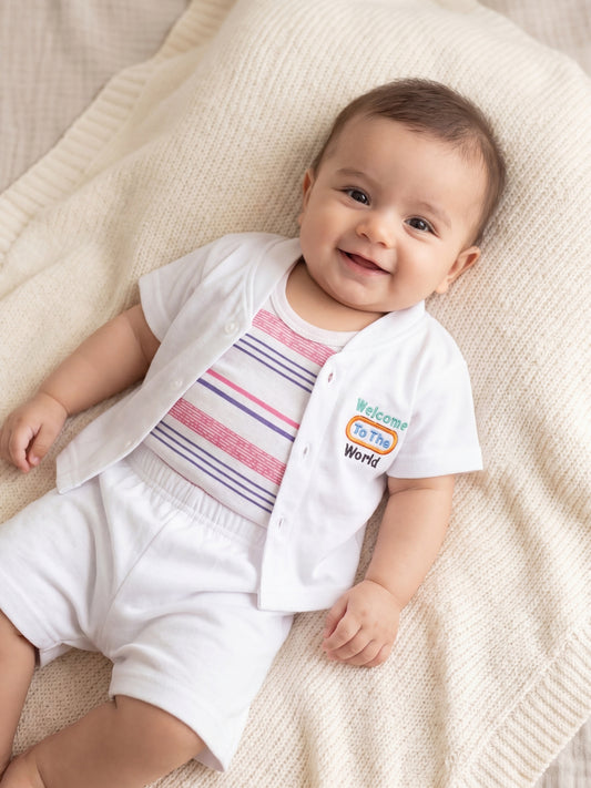 Premium Cotton Newborn Welcome Gift Set - 3-Piece Outfit (Striped Vest, Button-Up, Shorts)