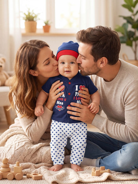 Cute "I Love Papa & Maa" 3-Piece Baby Outfit Set (Navy Blue) - Includes Shirt, Pants & Cap