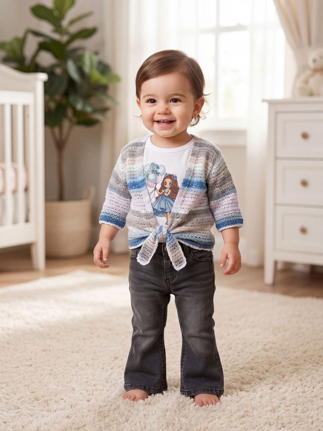 3-Piece Outfit Set: Graphic Tee, Striped Tie-Front Shrug & Faded Black Jeans