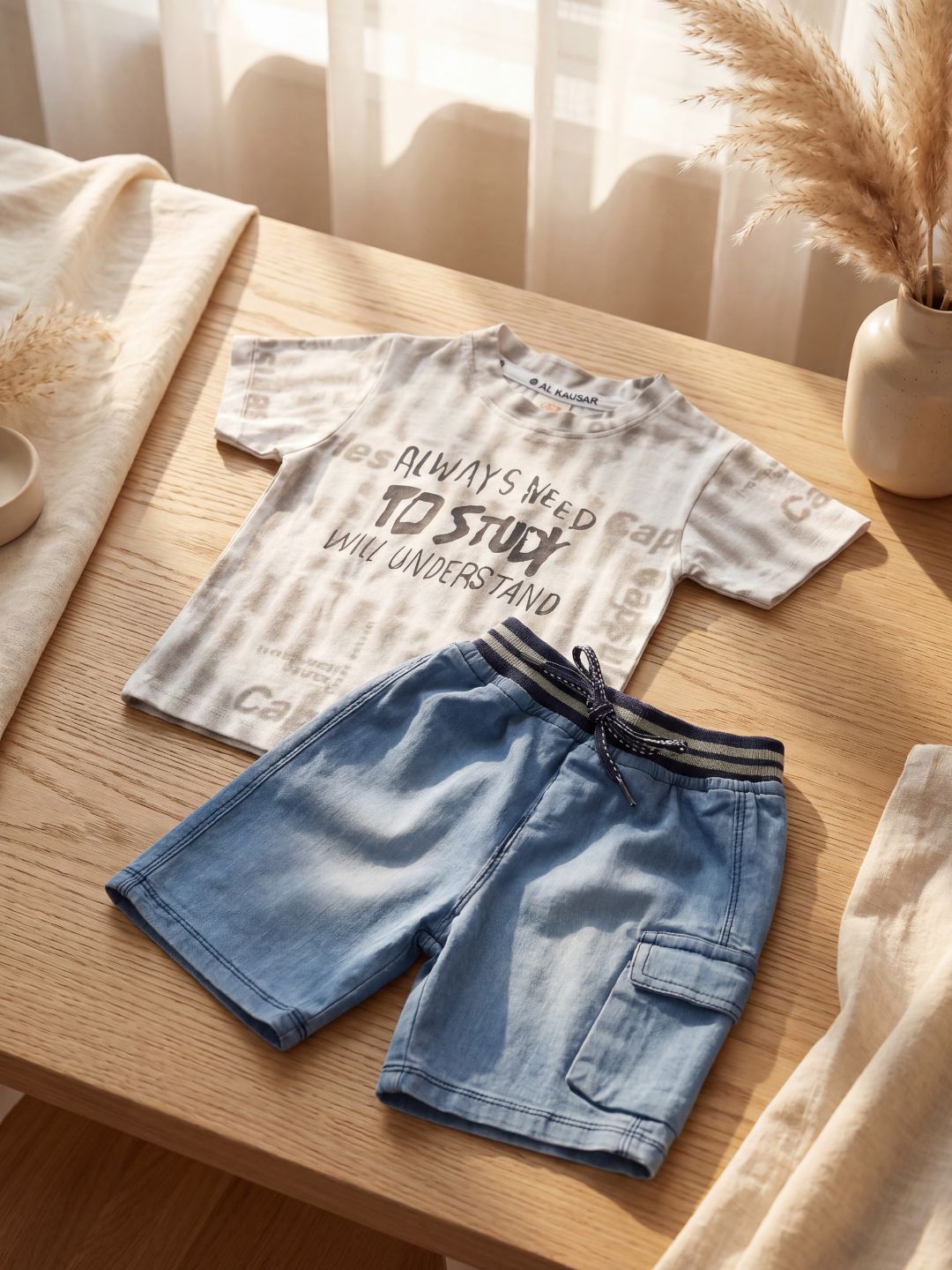 Premium Boys Casual Summer 2-Piece Set: Grey Tie-Dye Graphic Tee & Denim-Style Shorts