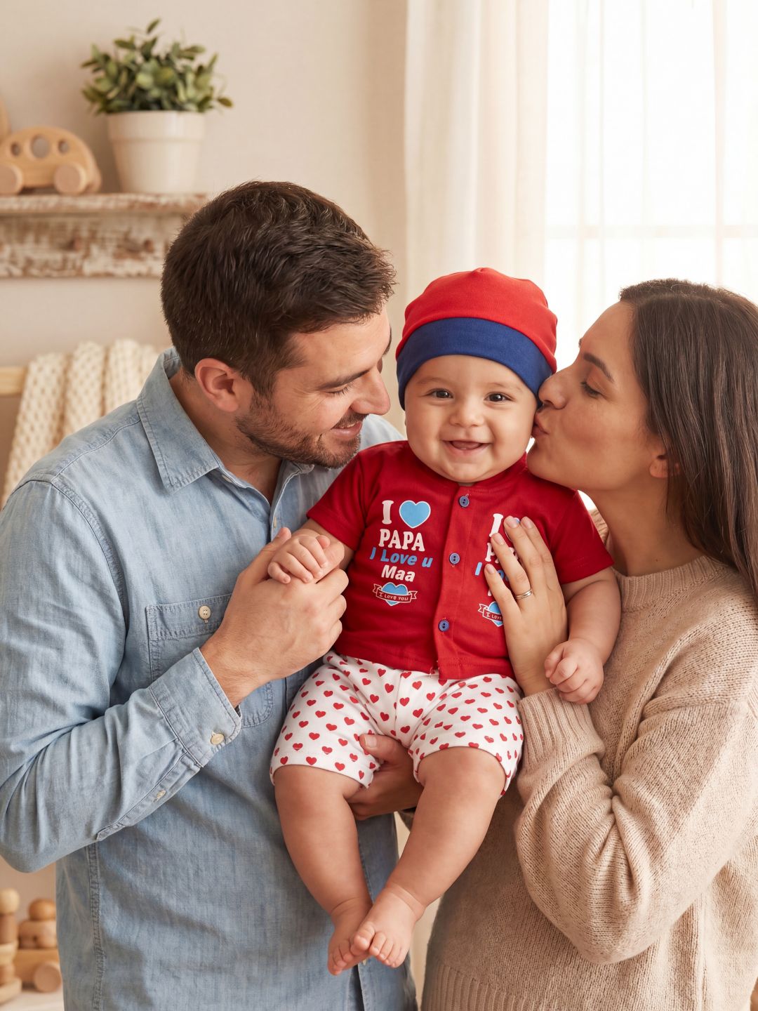 Cute "I Love Papa & Mama" 3-Piece Baby Outfit Set (Red) - Includes Shirt, Pants & Cap