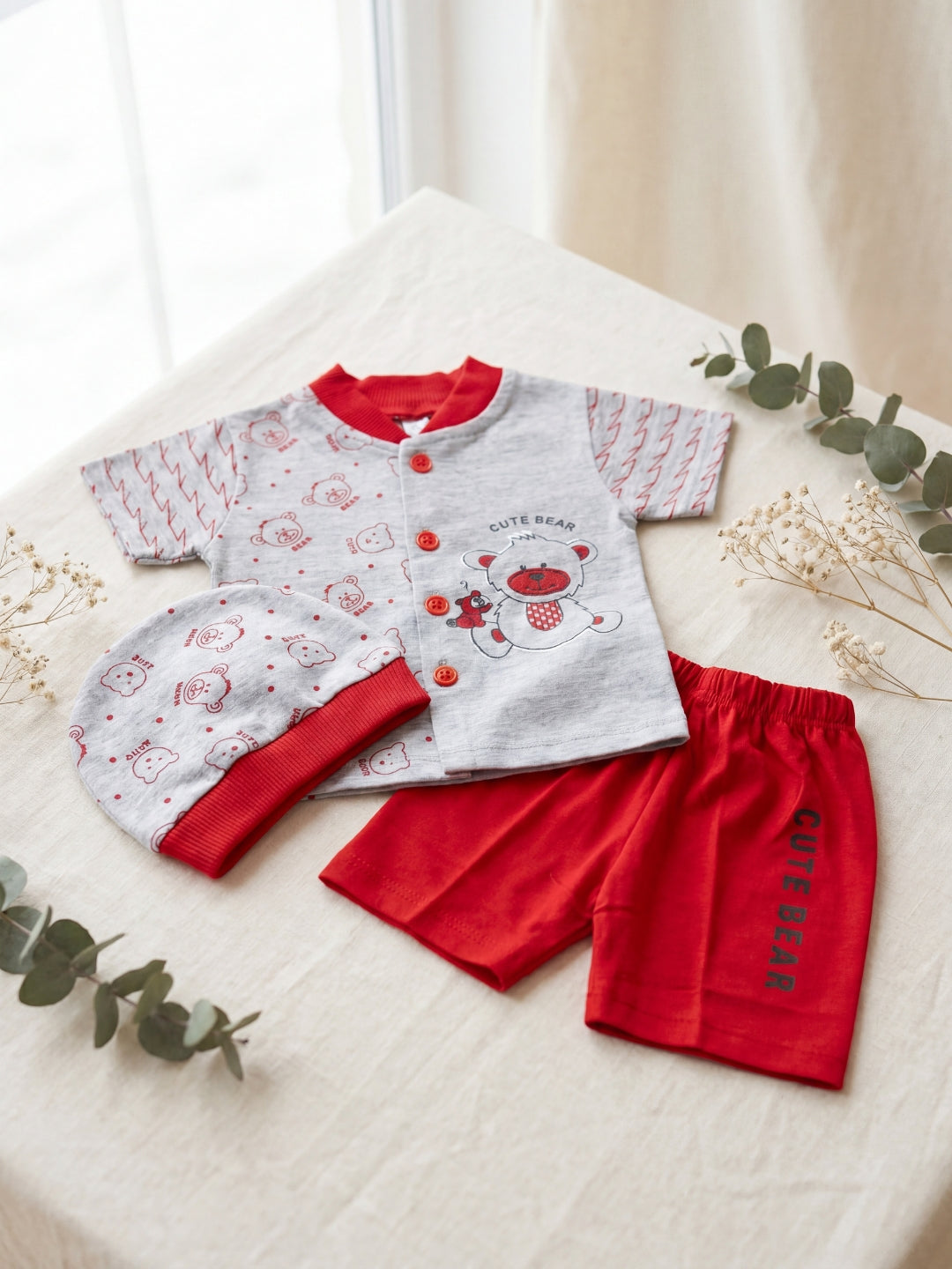 3-Piece "Cute Bear" Baby Summer Outfit | Grey & Red Cotton Blend Suit with Matching Cap