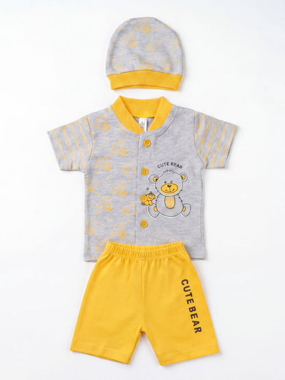 "Cute Bear" 3-Piece Baby Boy Summer Set (Shirt, Shorts & Cap) - Grey/Yellow