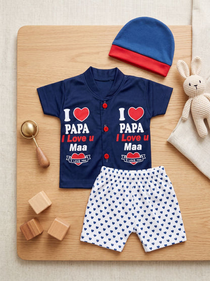 Cute "I Love Papa & Maa" 3-Piece Baby Outfit Set (Navy Blue) - Includes Shirt, Pants & Cap