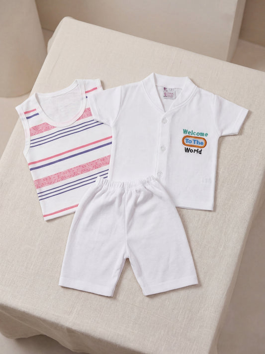 Premium Cotton Newborn Welcome Gift Set - 3-Piece Outfit (Striped Vest, Button-Up, Shorts)
