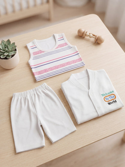 Premium Cotton Newborn Welcome Gift Set - 3-Piece Outfit (Striped Vest, Button-Up, Shorts)