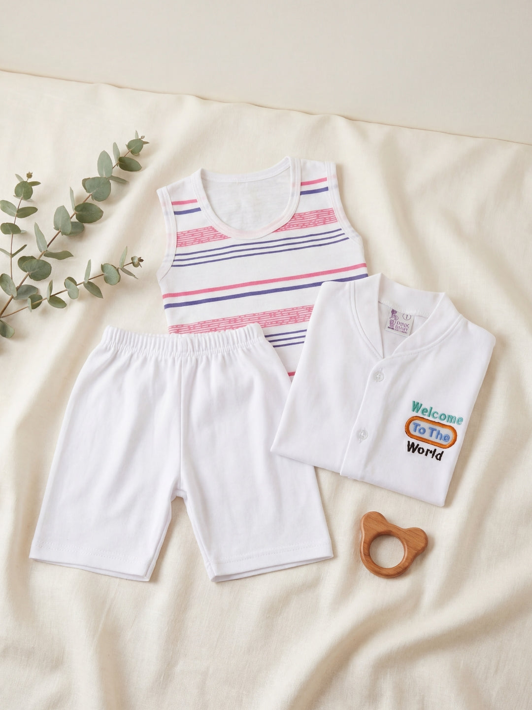 Premium Cotton Newborn Welcome Gift Set - 3-Piece Outfit (Striped Vest, Button-Up, Shorts)