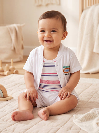 Premium Cotton Newborn Welcome Gift Set - 3-Piece Outfit (Striped Vest, Button-Up, Shorts)