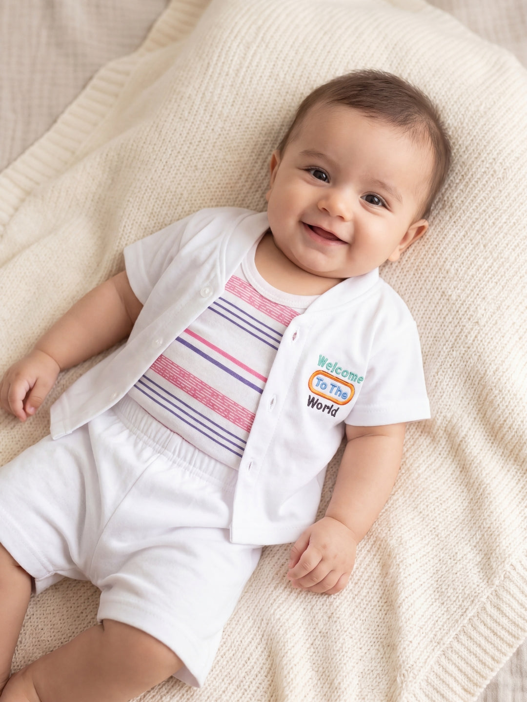 Premium Cotton Newborn Welcome Gift Set - 3-Piece Outfit (Striped Vest, Button-Up, Shorts)