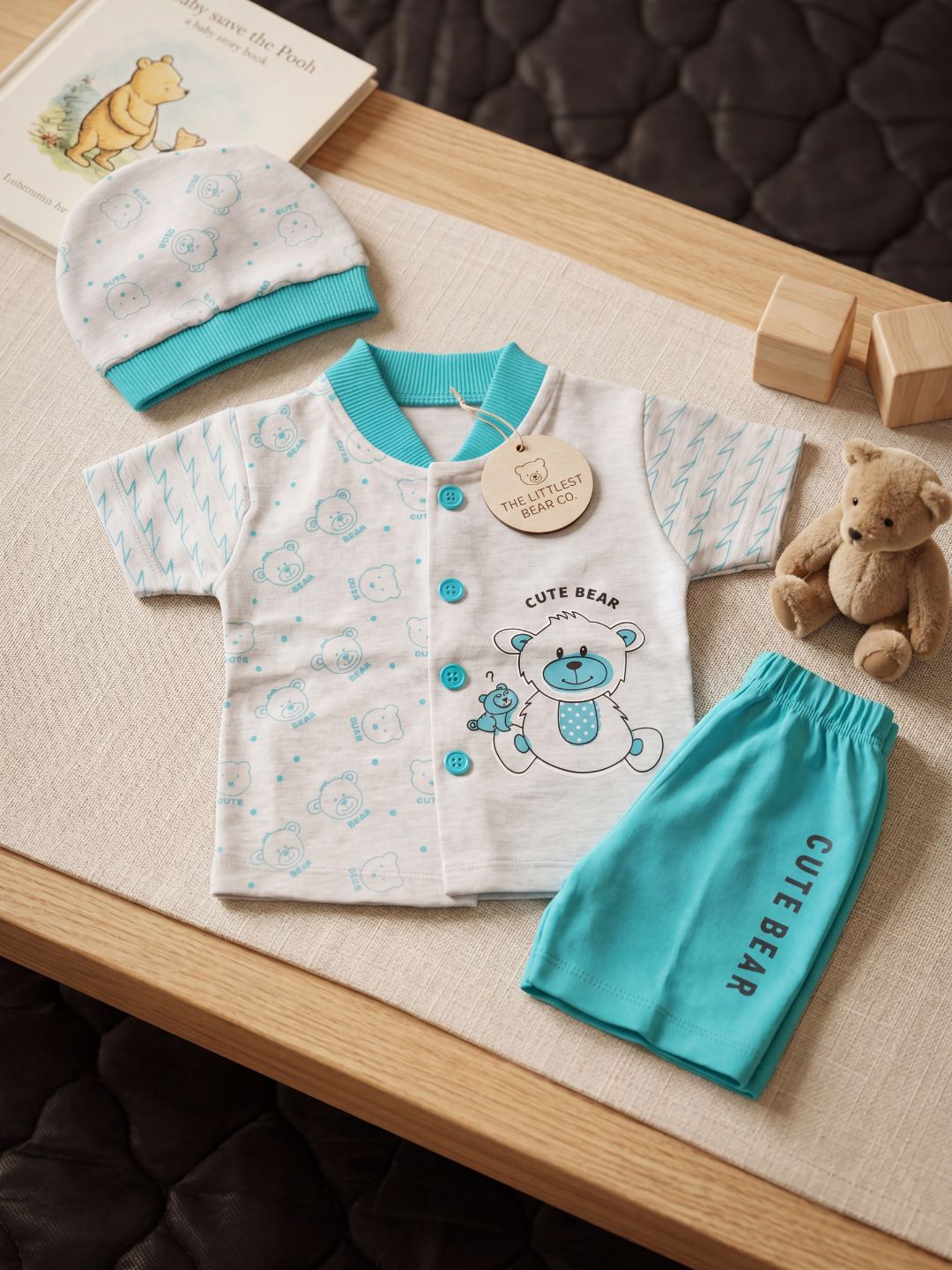 "Cute Bear" 3-Piece Baby Boy Summer Set (Shirt, Shorts & Cap) - Grey/Teal