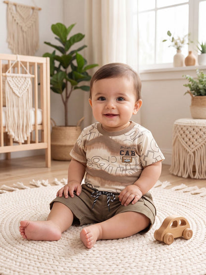 Premium Boys Vintage Car Graphic 2-Piece Summer Set – Beige & Khaki