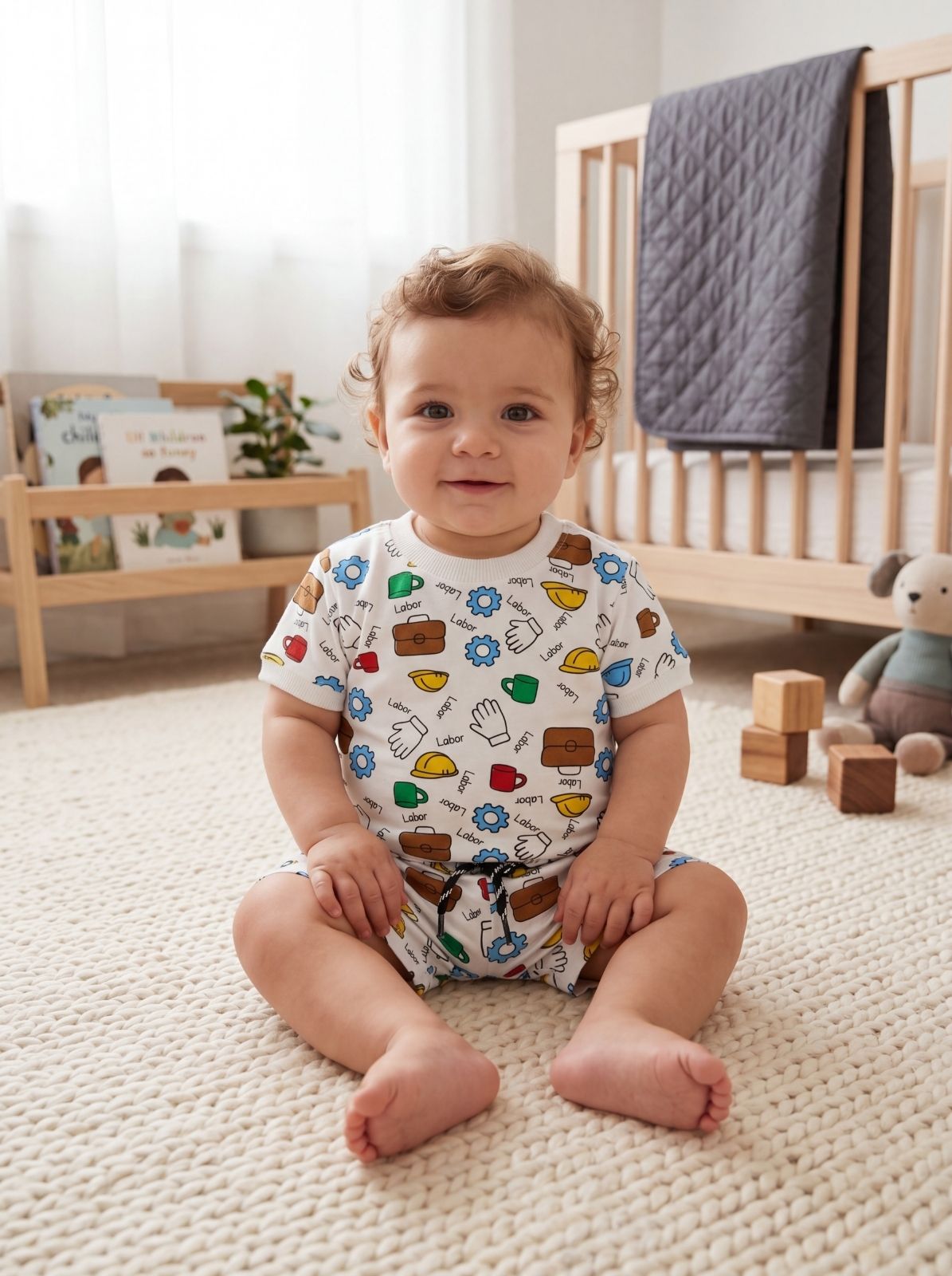 Unisex 2-Piece Summer Outfit: Construction Print T-Shirt & Shorts Set