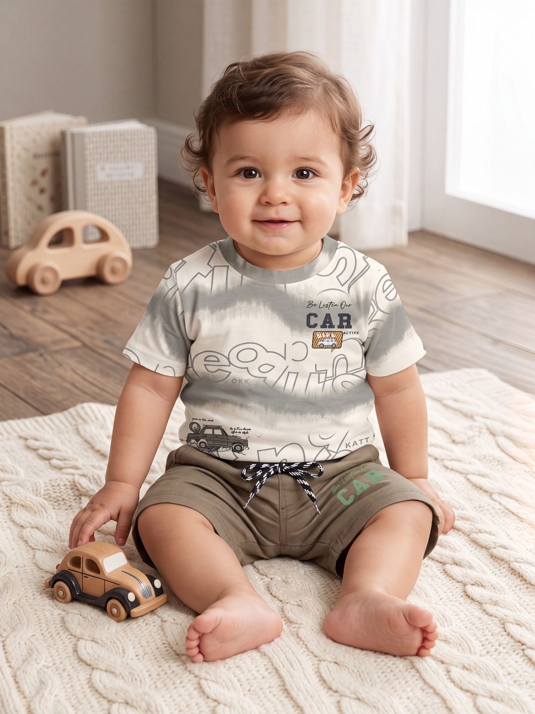 Premium Boys 2-Piece Vintage Car Graphic T-Shirt and Shorts Set – Olive & Khaki