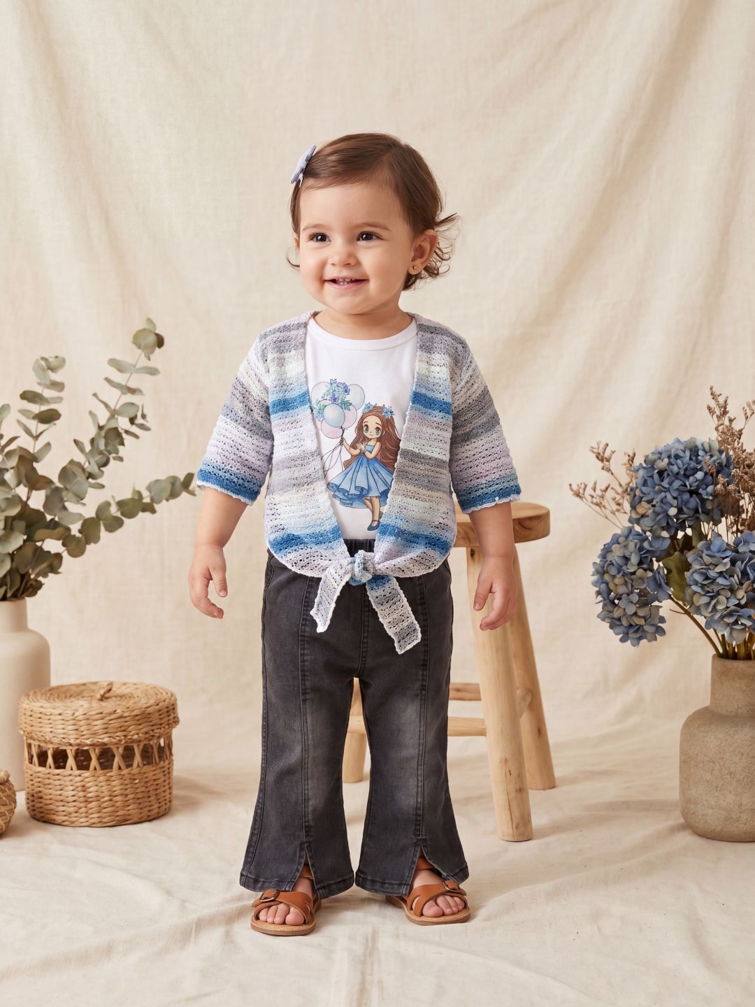 3-Piece Outfit Set: Graphic Tee, Striped Tie-Front Shrug & Faded Black Jeans