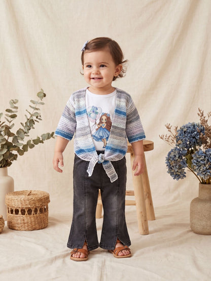 3-Piece Outfit Set: Graphic Tee, Striped Tie-Front Shrug & Faded Black Jeans