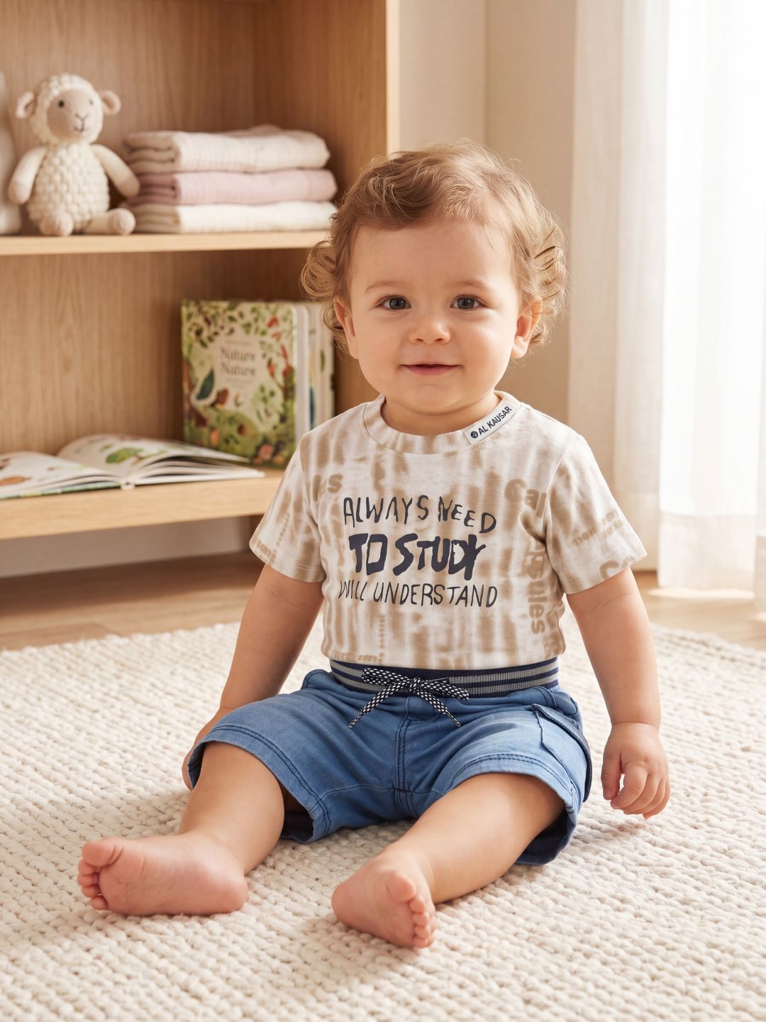 Premium Boys Casual Summer 2-Piece Set: Beige Tie-Dye Graphic Tee & Denim-Style Shorts