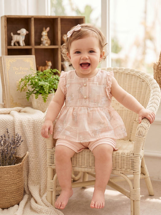Girls Sweet Summer 2-Piece Set: Blush Pink Floral Peplum Top & Pleated Shorts