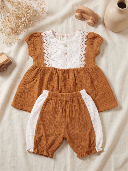 Girls Summer Crinkle Cotton Peplum Top and Shorts Outfit