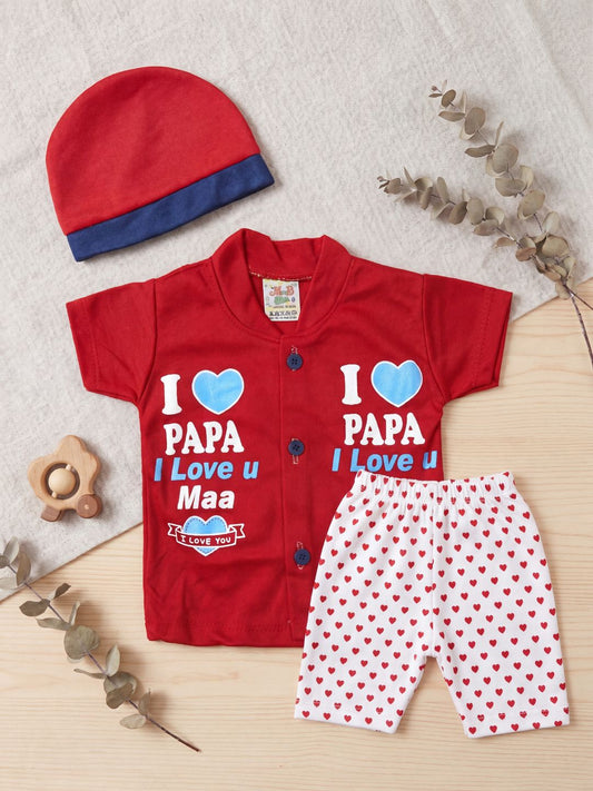 Cute "I Love Papa & Mama" 3-Piece Baby Outfit Set (Red) - Includes Shirt, Pants & Cap