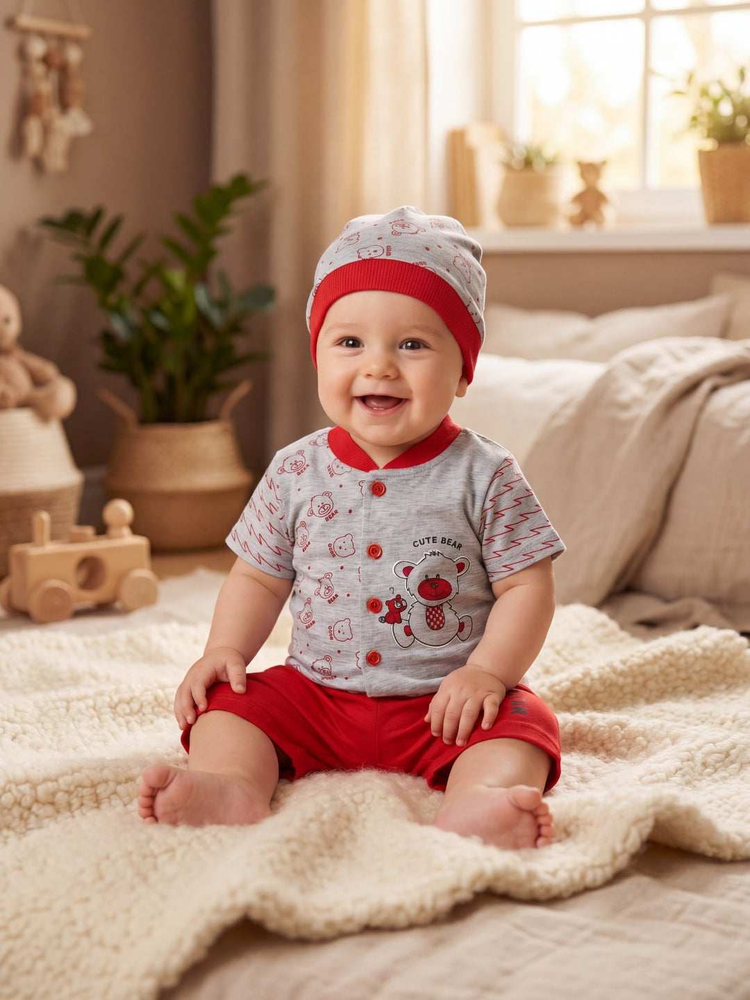 3-Piece "Cute Bear" Baby Summer Outfit | Grey & Red Cotton Blend Suit with Matching Cap