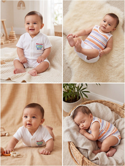 Premium Cotton Newborn Welcome Gift Set 3-Piece Baby Set - White Button Shirt, Shorts, & Striped