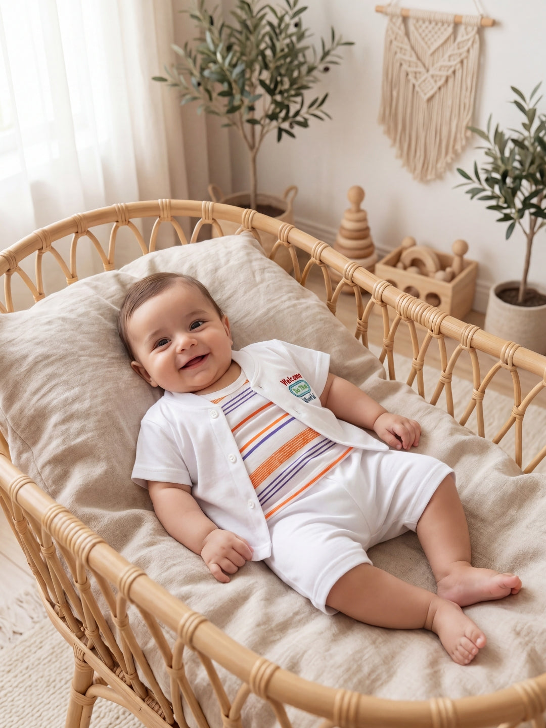 Premium Cotton Newborn Welcome Gift Set 3-Piece Baby Set - White Button Shirt, Shorts, & Striped