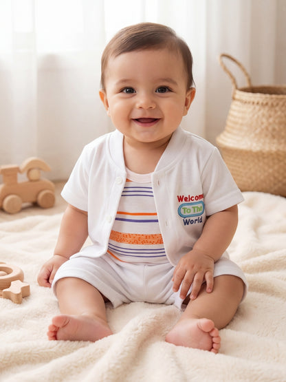Premium Cotton Newborn Welcome Gift Set 3-Piece Baby Set - White Button Shirt, Shorts, & Striped