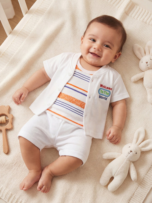 Premium Cotton Newborn Welcome Gift Set 3-Piece Baby Set - White Button Shirt, Shorts, & Striped