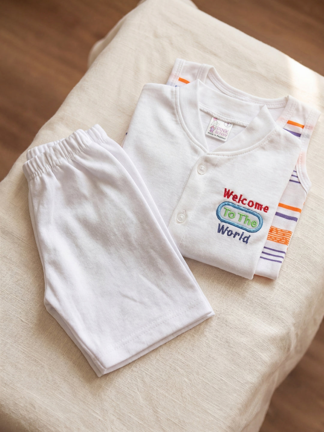 Premium Cotton Newborn Welcome Gift Set 3-Piece Baby Set - White Button Shirt, Shorts, & Striped