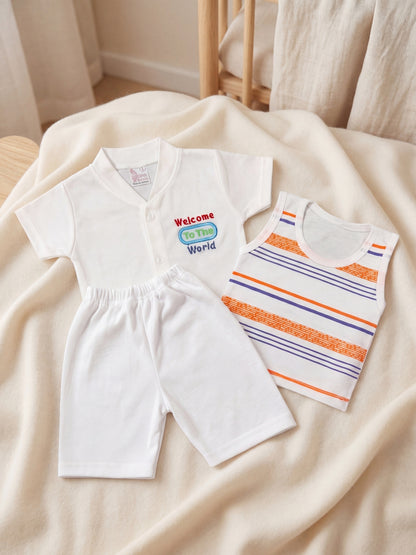 Premium Cotton Newborn Welcome Gift Set 3-Piece Baby Set - White Button Shirt, Shorts, & Striped