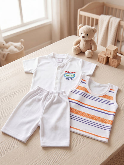 Premium Cotton Newborn Welcome Gift Set 3-Piece Baby Set - White Button Shirt, Shorts, & Striped