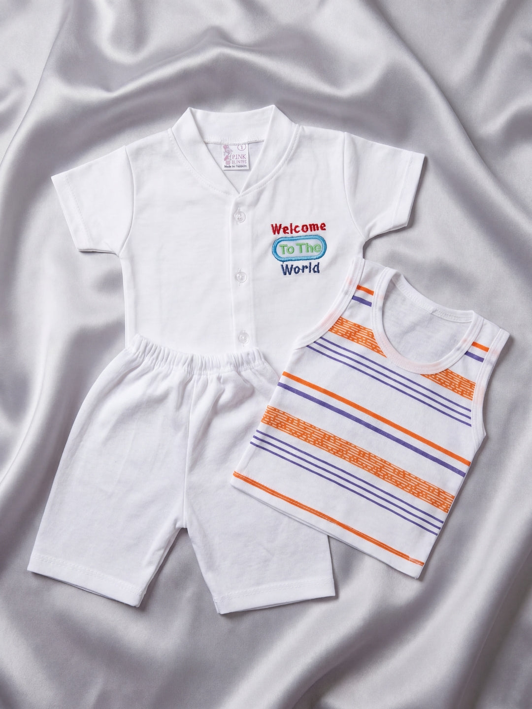 Premium Cotton Newborn Welcome Gift Set 3-Piece Baby Set - White Button Shirt, Shorts, & Striped