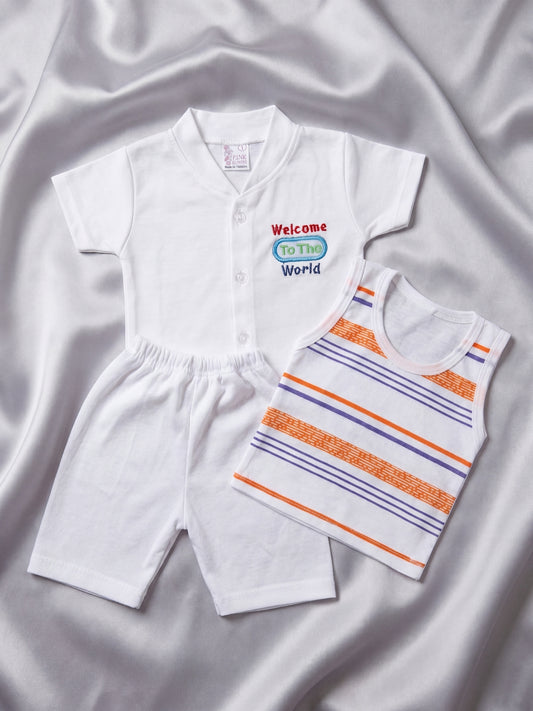 Premium Cotton Newborn Welcome Gift Set 3-Piece Baby Set - White Button Shirt, Shorts, & Striped