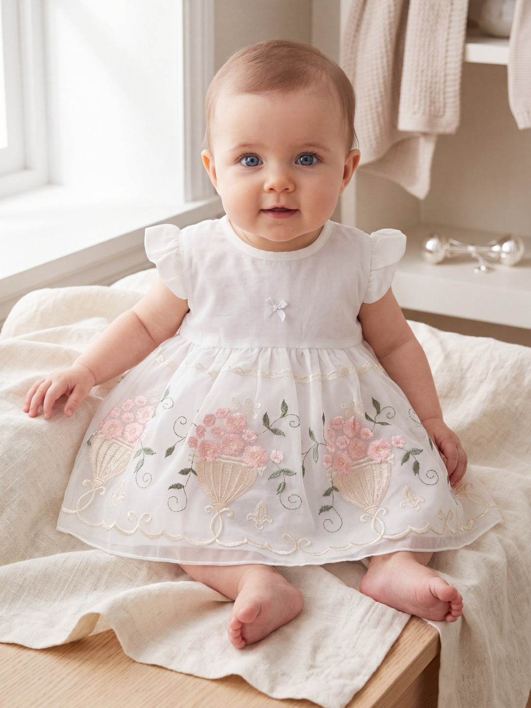 "Enchanted Garden" 2-Piece Baby Girl Embroidered Dress & Bloomers Set - White/Pink