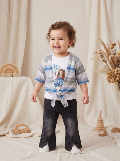 3-Piece Outfit Set: Graphic Tee, Striped Tie-Front Shrug & Faded Black Jeans