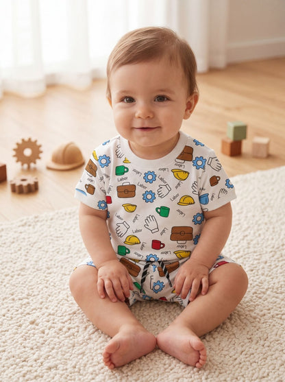 Unisex 2-Piece Summer Outfit: Construction Print T-Shirt & Shorts Set