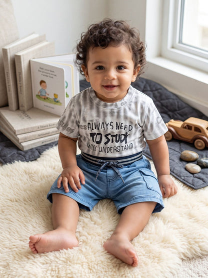 Premium Boys Casual Summer 2-Piece Set: Grey Tie-Dye Graphic Tee & Denim-Style Shorts