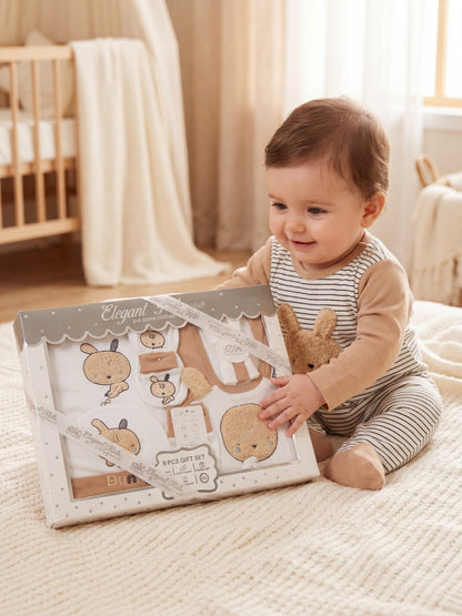 Newborn Baby 9Pcs Gift Set - Soft Cotton Bunny Collection (Size 0-6M)