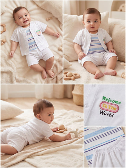 Premium Cotton Newborn Welcome Gift Set 3-Piece Baby Set - White Button Shirt, Shorts, & Striped
