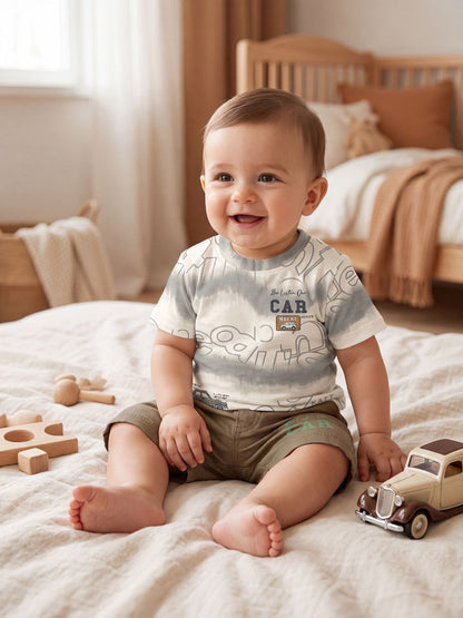 Premium Boys 2-Piece Vintage Car Graphic T-Shirt and Shorts Set – Olive & Khaki