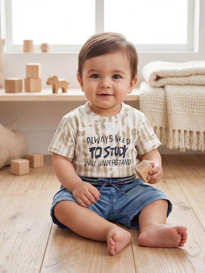 Premium Boys Casual Summer 2-Piece Set: Beige Tie-Dye Graphic Tee & Denim-Style Shorts