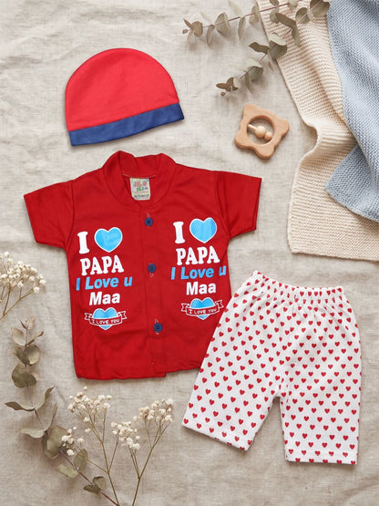 Cute "I Love Papa & Mama" 3-Piece Baby Outfit Set (Red) - Includes Shirt, Pants & Cap