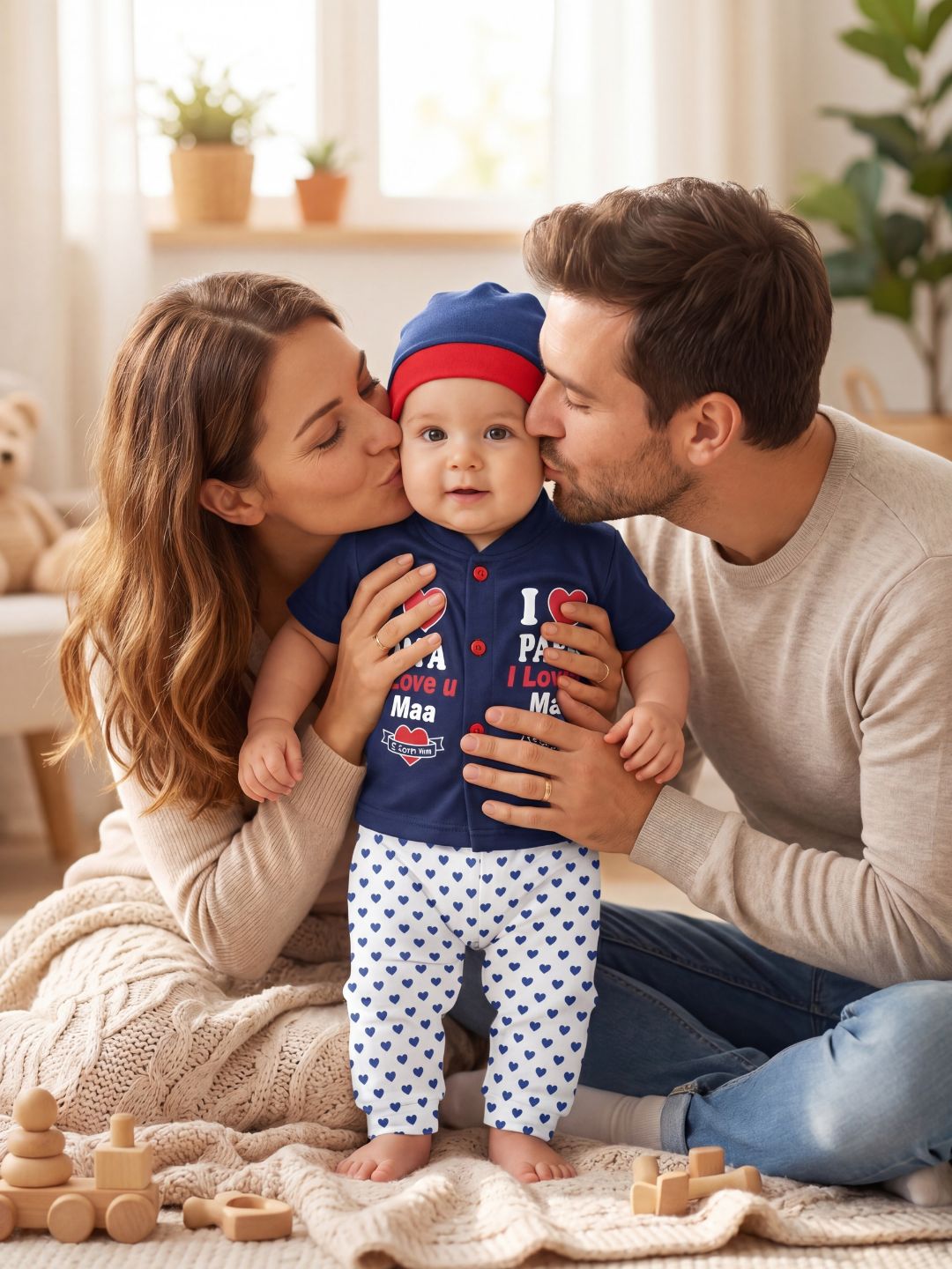 Cute "I Love Papa & Maa" 3-Piece Baby Outfit Set (Navy Blue) - Includes Shirt, Pants & Cap