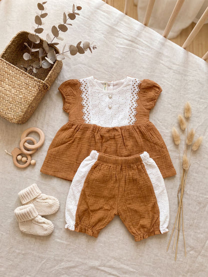 Girls Summer Crinkle Cotton Peplum Top and Shorts Outfit