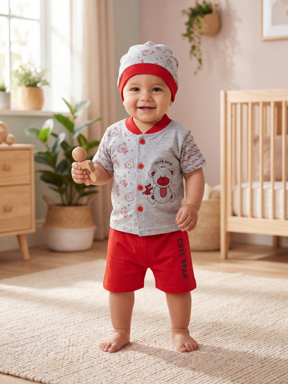 3-Piece "Cute Bear" Baby Summer Outfit | Grey & Red Cotton Blend Suit with Matching Cap