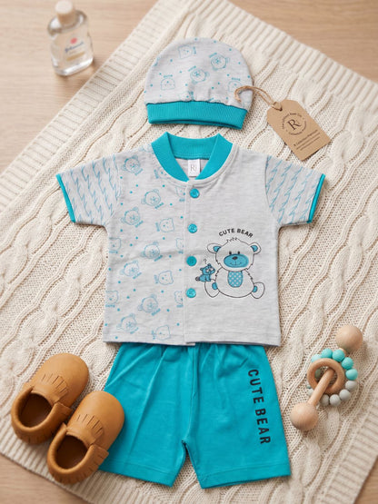 "Cute Bear" 3-Piece Baby Boy Summer Set (Shirt, Shorts & Cap) - Grey/Teal