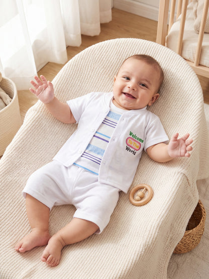 Premium Cotton Newborn Welcome Gift Set 3-Piece Baby Set - White Button Shirt, Shorts, & Striped