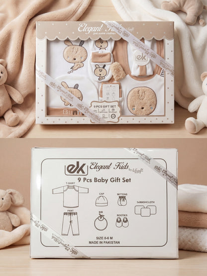 Newborn Baby 9Pcs Gift Set - Soft Cotton Bunny Collection (Size 0-6M)