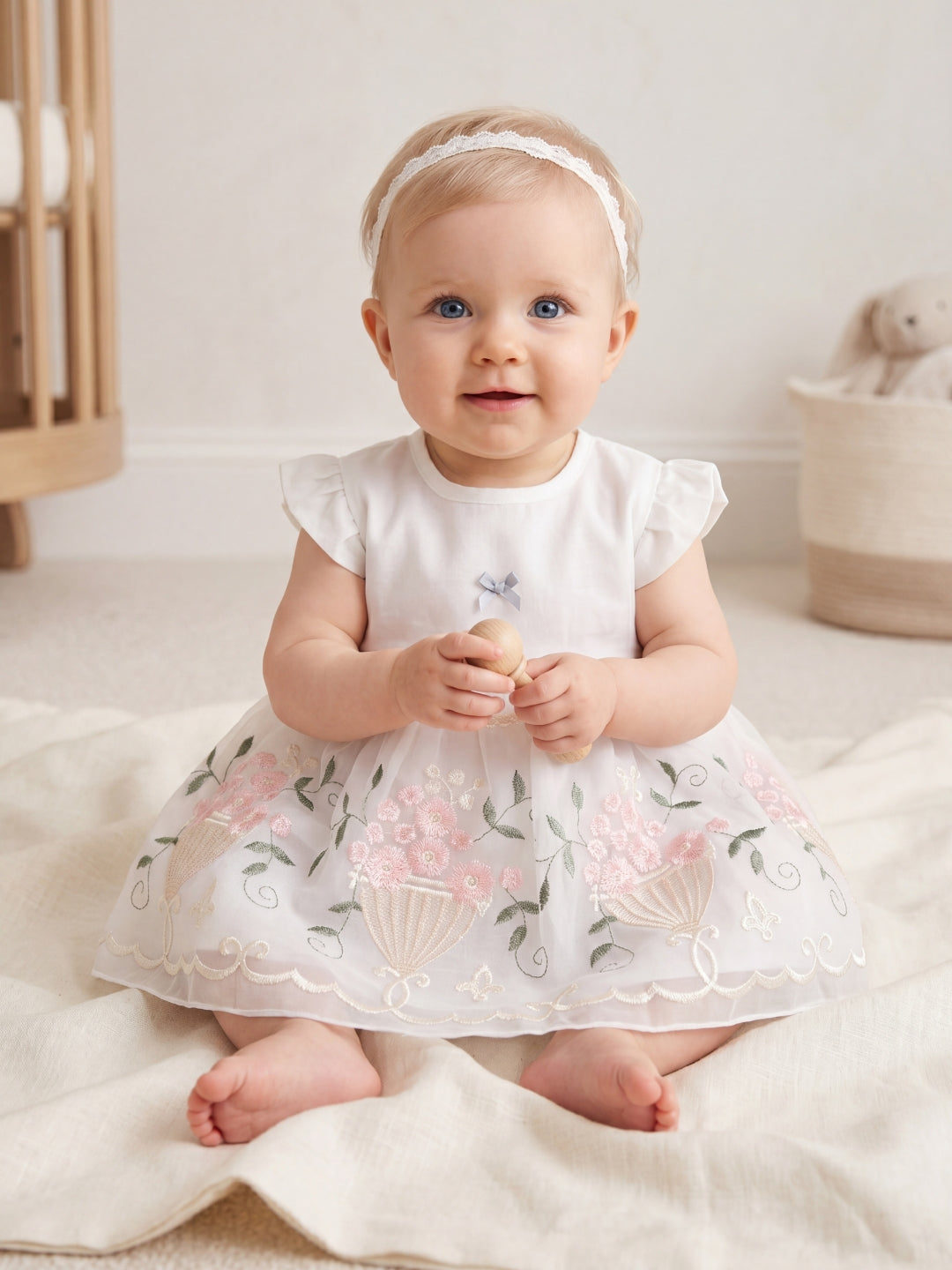 "Enchanted Garden" 2-Piece Baby Girl Embroidered Dress & Bloomers Set - White/Pink